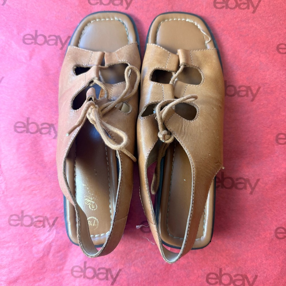 Vintage Leather Slingback Sandals Women 7.5 Tan Dark Academia Lace Up Square Toe